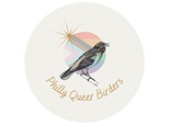 A bird on a round logo with the pride flag with the text 'Philly Queer Birders'
